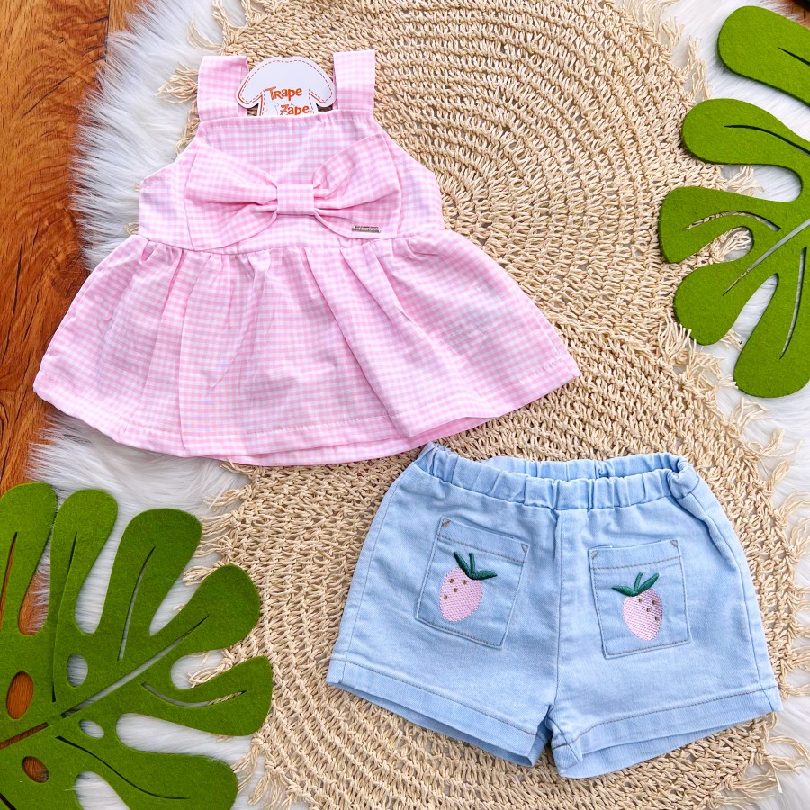 Conj. Regata Xadrez e Short Jeans Morangos - Rosa